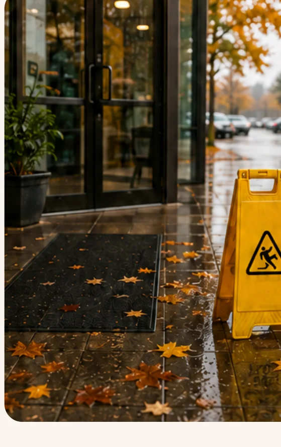 Wet floor sign beside a building entrance with rain and autumn leaves tracked in