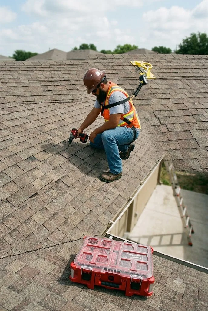 Worker climbing a ladder toward a roof without fall protection