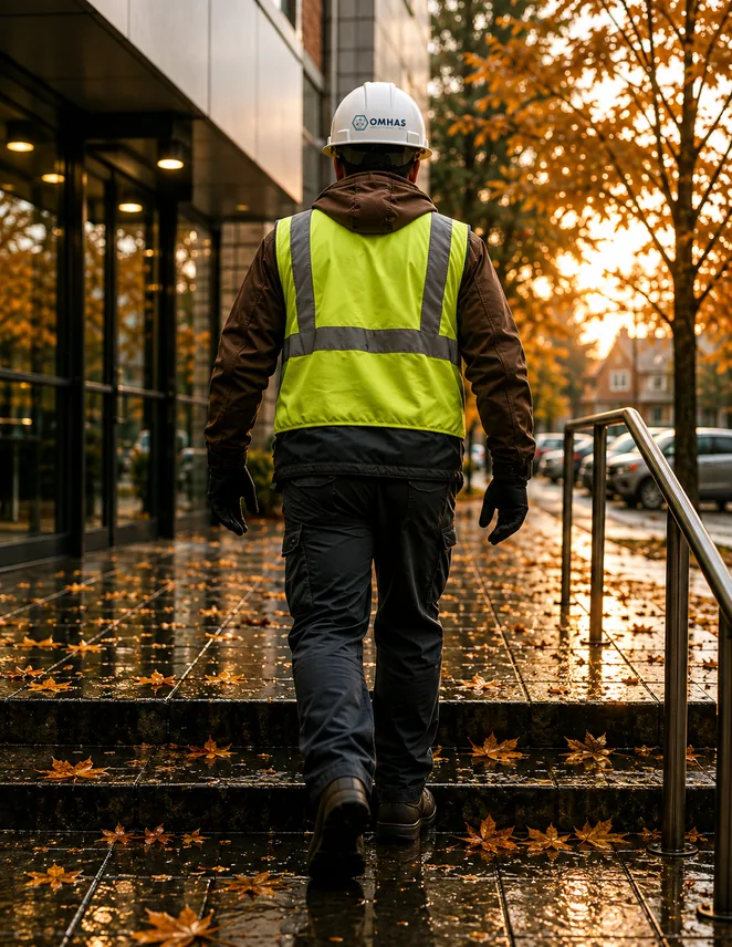 worker slipping on wet entrance floor OMHAS | Outsourced Management for Health and Safety | Canada