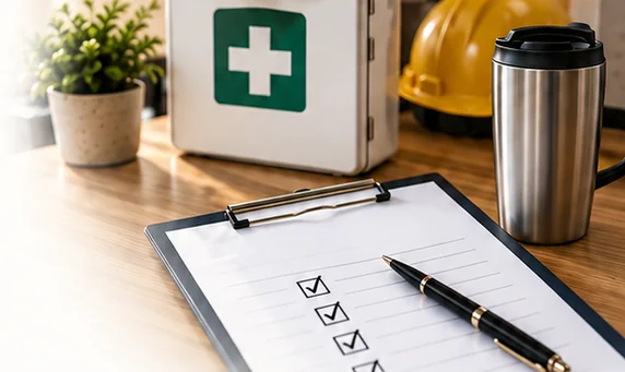 First aid coverage checklist on a clipboard beside a first aid kit
