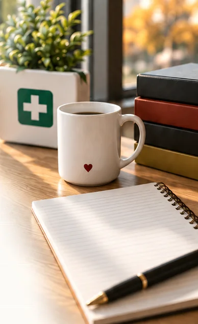 First aid kit, coffee mug and notebook on an office desk