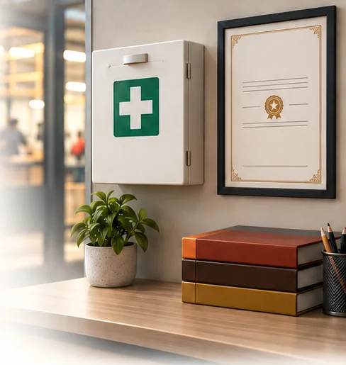 First aid kit and a framed training certificate on an office wall