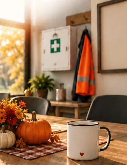 Workplace break room with a first aid kit on the wall and Thanksgiving pumpkins on the table