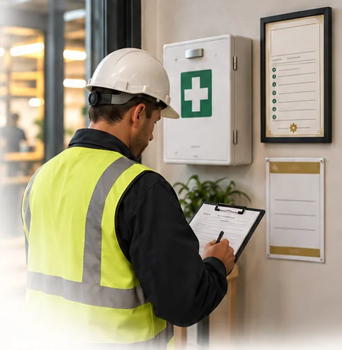 Worker in a hard hat and high visibility vest checking the first aid kit inspection record